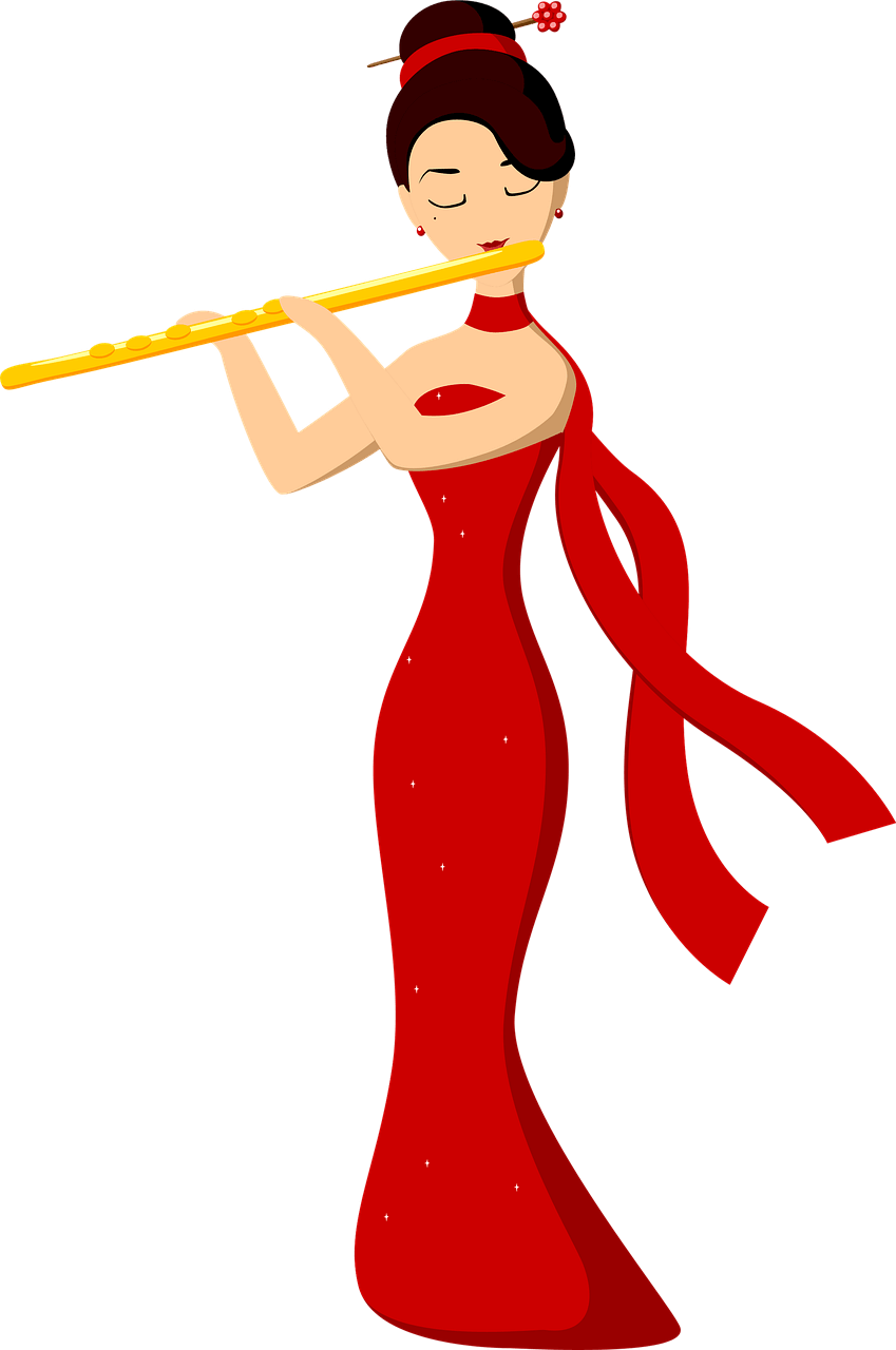 赤いドレスの女の子と横笛